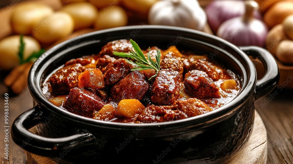 Close-up of stew in pot with potatoes & other food on table Close-up of stew in pot with potatoes & other food on table