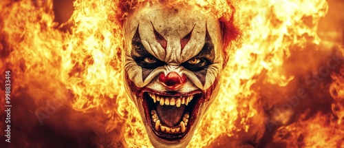 A menacing clown with sharp teeth surrounded by roaring flames, creating an intense and terrifying Halloween nightmare scene.