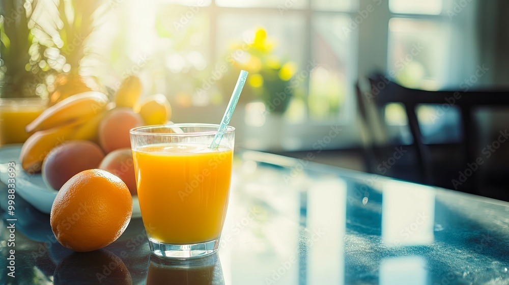 Detox breakfast, juice in glass, bright morning kithcen Detox breakfast, juice in glass, bright morning kithcen