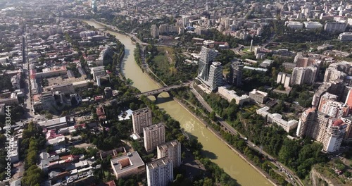 Wallpaper Mural High Aerial View Above Kura River in Downtown Tbilisi, Georgia. Modern Skyscraper Buildings Torontodigital.ca