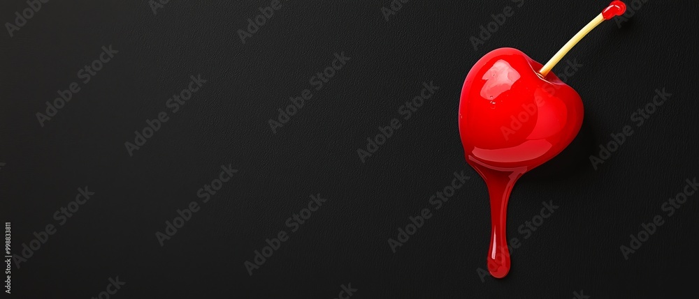 A red liquid drip dangles from a black wall's edge, accompanied by a yellow stick projecting upward from its top A red liquid drip dangles from a black wall's edge, accompanied by a yellow stick projecting upward from its top