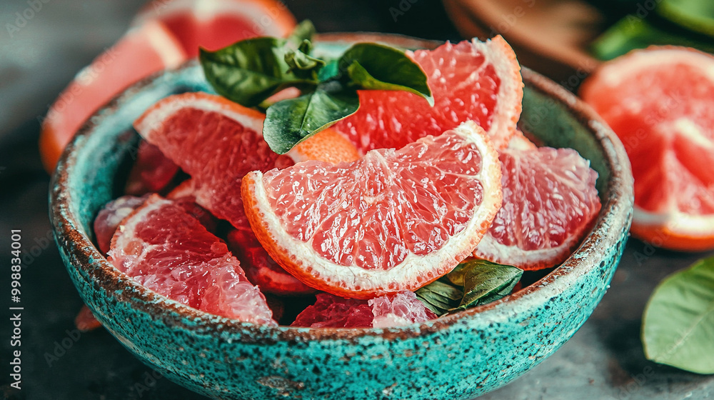 A bowl brimming with grapefruit slices adorns a nearby table alongside other grapefruits A bowl brimming with grapefruit slices adorns a nearby table alongside other grapefruits