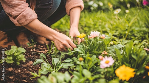 Close-up of a womanâ€™s hands planting flowers in the garden, spring season, outdoor activity, green plants.