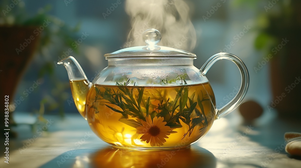 A clear glass teapot filled with herbal tea, a blend of fresh green herbs floating inside