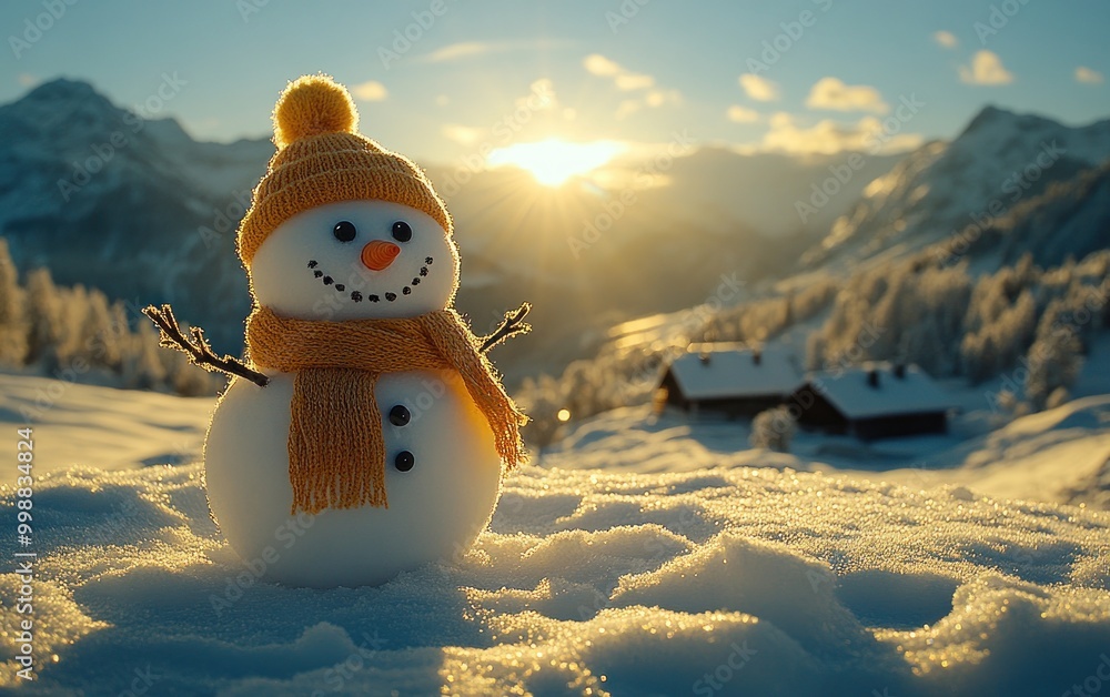 Obraz premium A cheerful snowman stands in a snowy field as the sun sets behind distant mountains