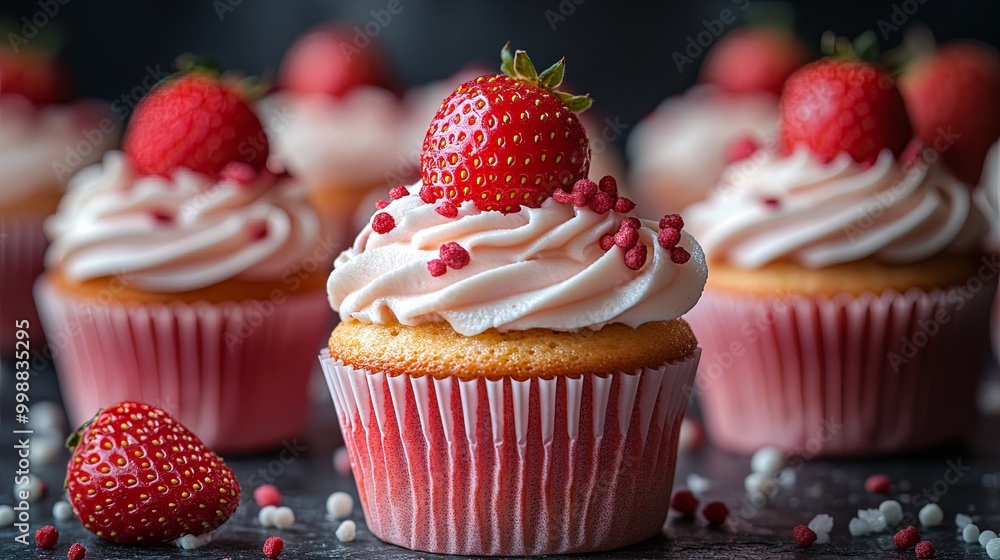 Close-up of delicious looking strawberry cupcakes with swirls of white frosting, macro, solid background, food photography, Close-up of delicious looking strawberry cupcakes with swirls of white frosting, macro, solid background, food photography,