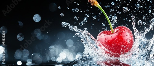  A red apple with water splashing from its surface, a green stem extending upward from the top