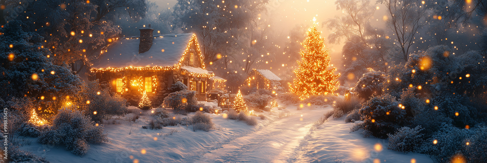 Fototapeta premium Cozy cottage decorated with christmas lights is covered with snow at sunset