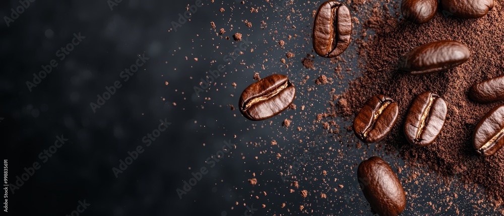 A heap of coffee beans atop a mound of grounds Nearby, a separate pile of pre-ground coffee beans A heap of coffee beans atop a mound of grounds Nearby, a separate pile of pre-ground coffee beans