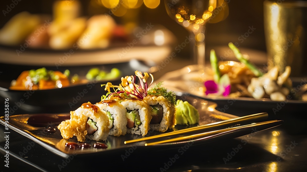 A plate of sushi rolls with chopsticks, a glass of wine, and other dishes in the background. A plate of sushi rolls with chopsticks, a glass of wine, and other dishes in the background.