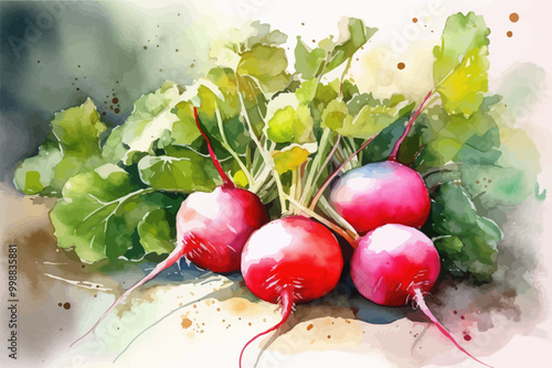Watercolor background with radish. Vegetable illustration. Thanksgiving day. Harvest day.