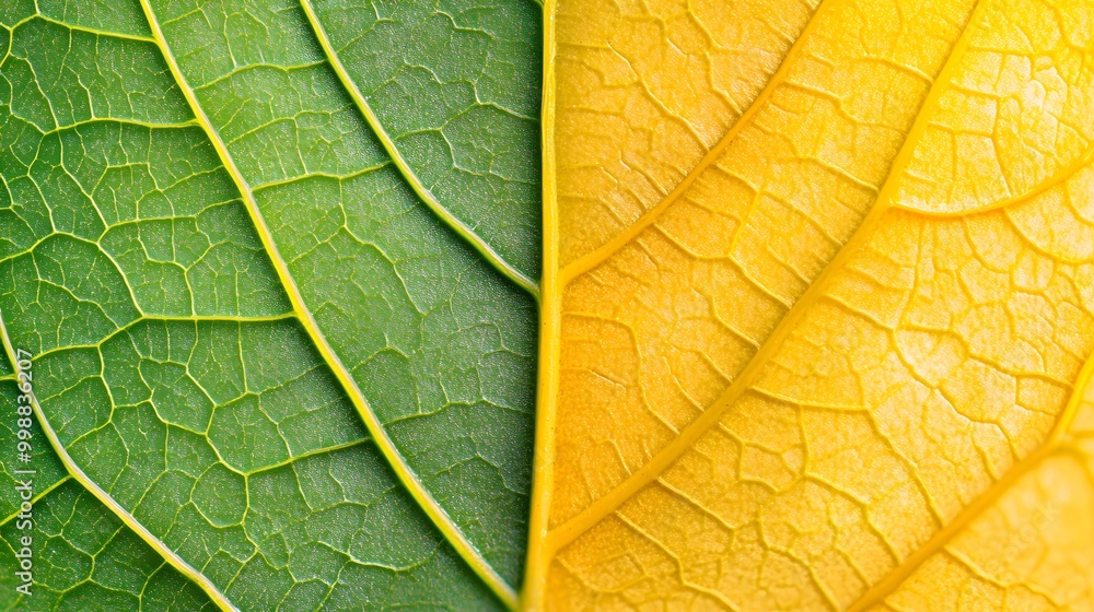 Obraz premium Tree Leaf Close-Up, Half Green, Half Yellow, Photo Realistic, Texture, Pattern Background, Wallpaper, Cover and Screen for Smartphone, PC, Laptop, 9:16 and 16:9 Format