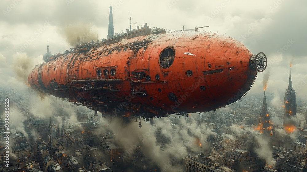 Steampunk Airship Soaring Over a Futuristic City Steampunk Airship Soaring Over a Futuristic City