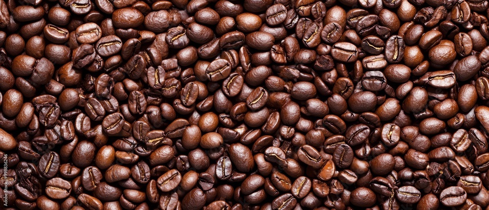 Fototapeta premium A close-up view displays a mound of coffee beans, revealing the top and bottom halves