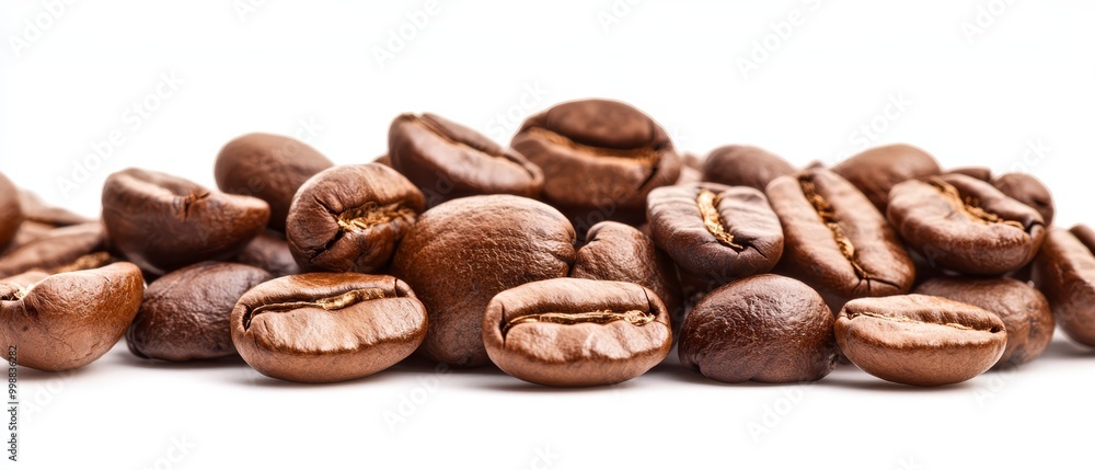 A mound of coffee beans arranged on a white tabletop against a clean white background A mound of coffee beans arranged on a white tabletop against a clean white background