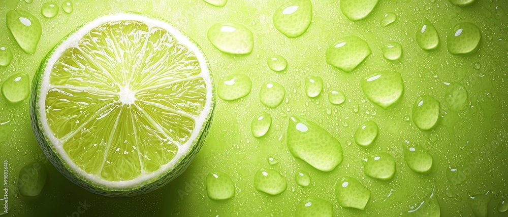A lime slice atop a verdant surface, adorned with water droplets and encircled by smaller ones A lime slice atop a verdant surface, adorned with water droplets and encircled by smaller ones