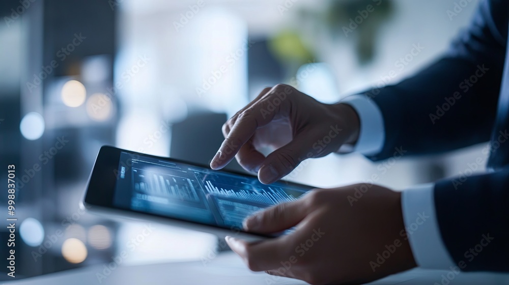Businessman using a tablet to review financial data, modern office setting, technology-driven work, productivity. Businessman using a tablet to review financial data, modern office setting, technology-driven work, productivity.