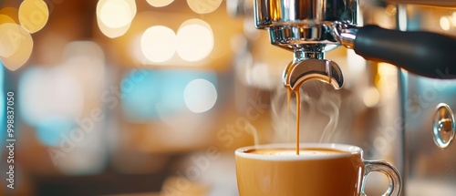  A tight shot of coffee being poured into an espresso machine Background lightly blurred