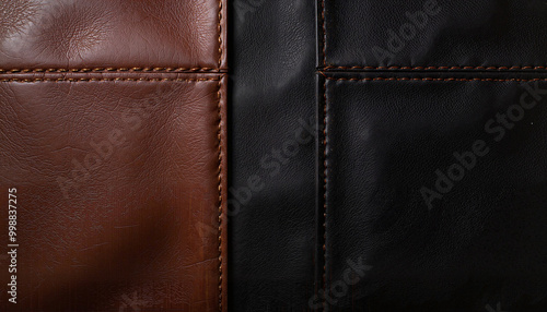 Close-up of leather texture in contrasting brown and black colors showcasing stitching details 