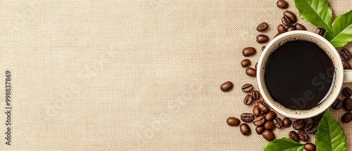  A cup of coffee atop coffee beans, adjacent to a bundle of green, leafy leaves