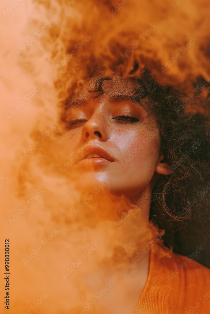 A dreamy portrait captures a face surrounded by dramatic orange smoke. A dreamy portrait captures a face surrounded by dramatic orange smoke.
