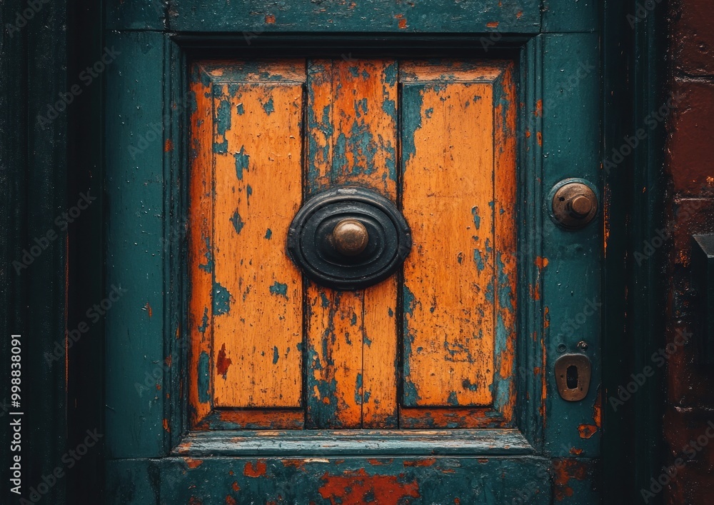 A rustic door displays chipped paint and an antique knob in a dim light A rustic door displays chipped paint and an antique knob in a dim light