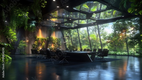 Modern, futuristic office interior with large windows overlooking a lush, tropical forest.