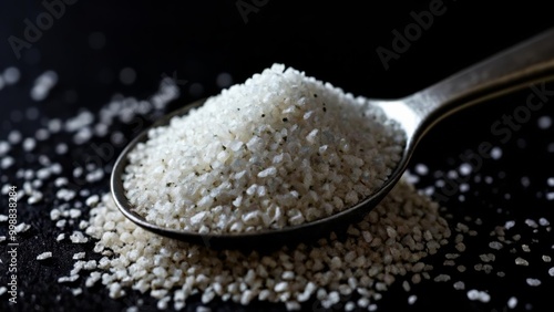  Pile of white rice grains in a spoon