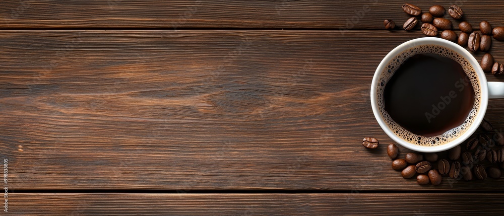 A cup of coffee atop a wooden table, nearby, a mound of coffee beans on the same table A cup of coffee atop a wooden table, nearby, a mound of coffee beans on the same table