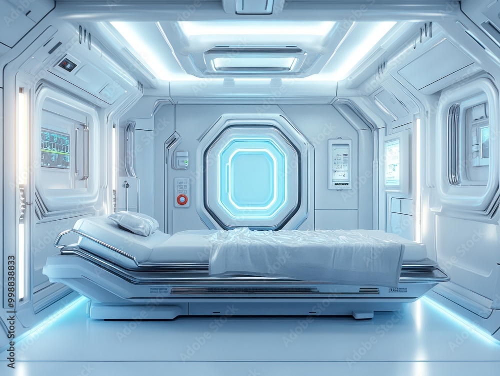 A minimalist sleeping pod awaits in a sleek, modern Antarctic research facility setting A minimalist sleeping pod awaits in a sleek, modern Antarctic research facility setting