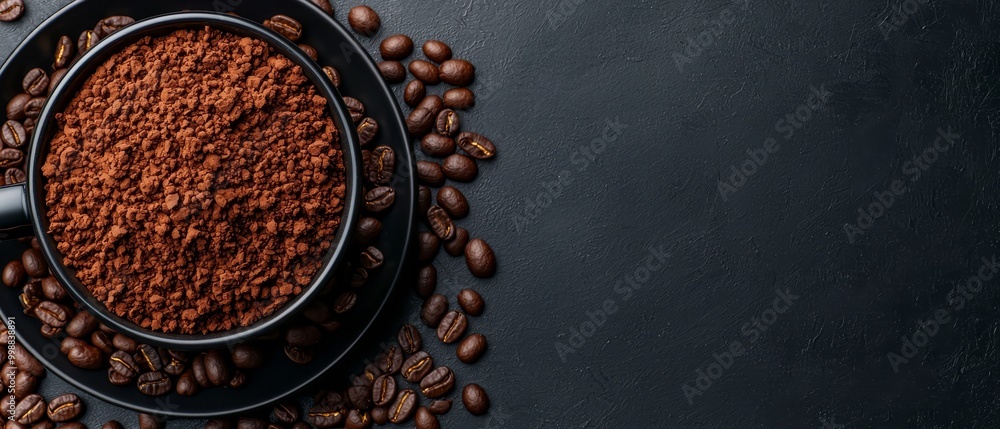 A bowl of coffee beans and a mound of ground coffee beans against a dark backdrop Text space available A bowl of coffee beans and a mound of ground coffee beans against a dark backdrop Text space available