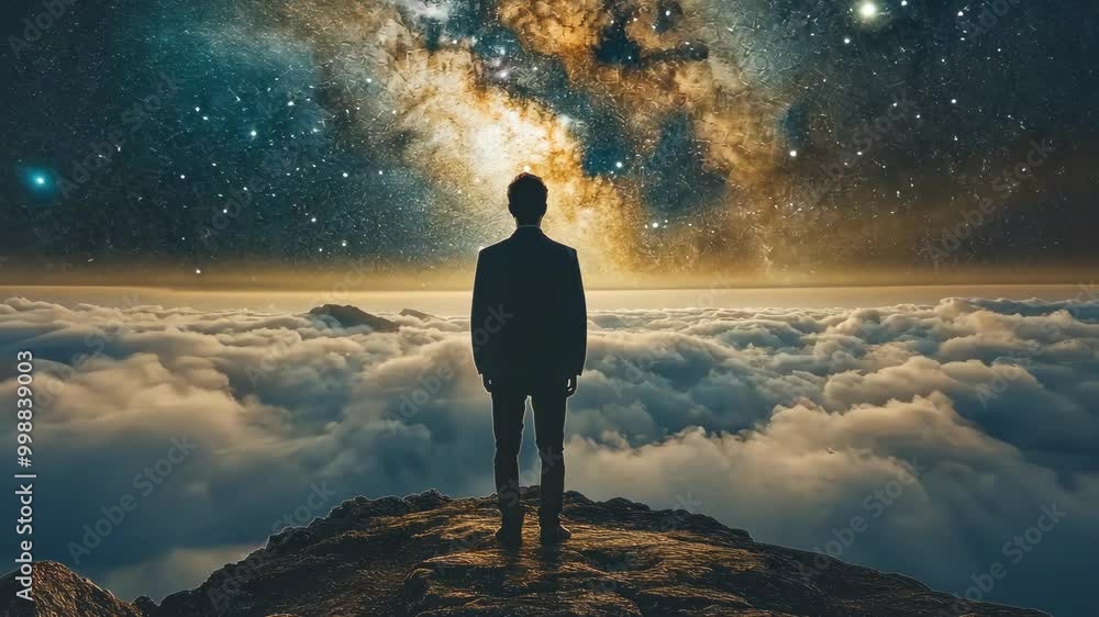 A person contemplates the vast universe while standing on a mountainous summit above the clouds at dusk A person contemplates the vast universe while standing on a mountainous summit above the clouds at dusk