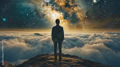 A person contemplates the vast universe while standing on a mountainous summit above the clouds at dusk
