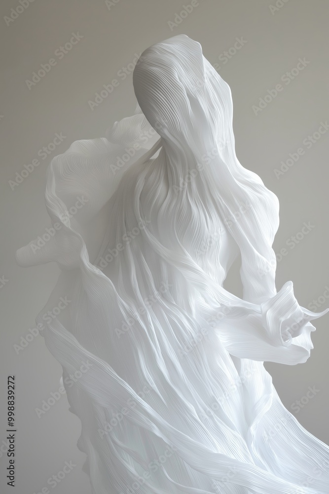 An abstract white sculpture with a flowing, textured design, representing elegance, movement, and artistic beauty.