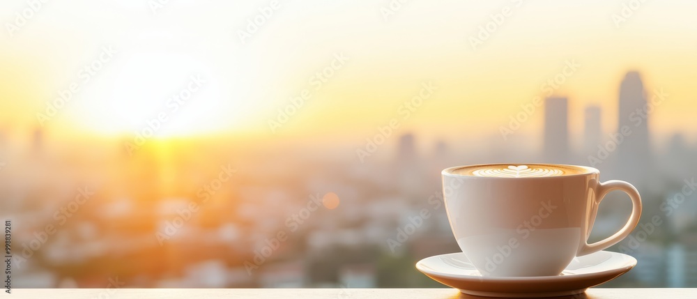 A cup of coffee atop a saucer, beside an empty one, on a table before a cityscape A cup of coffee atop a saucer, beside an empty one, on a table before a cityscape
