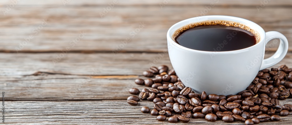 A cup of coffee atop beans - one pile for brewing, another roasted A cup of coffee atop beans - one pile for brewing, another roasted