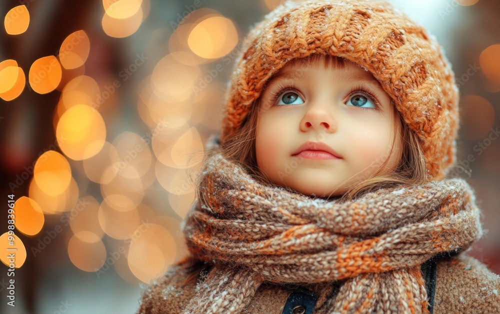 A child in warm winter attire gazes upward, captivated by sparkling holiday lights A child in warm winter attire gazes upward, captivated by sparkling holiday lights
