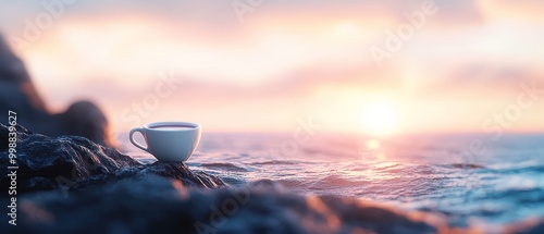  A cup of coffee atop a seaworn rock, ocean expanse behind, sunset painting the sky photo