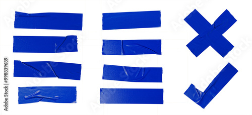 Blue adhesive sticky tapes in various shape cutout in transparent background. photo