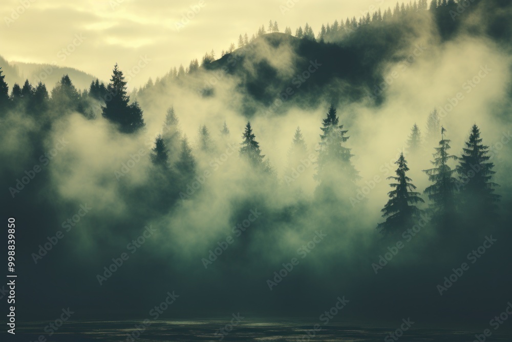Soft fog drapes over evergreen trees in a tranquil forest at dawn, creating a serene atmosphere Soft fog drapes over evergreen trees in a tranquil forest at dawn, creating a serene atmosphere