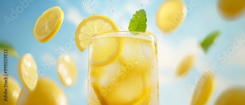  A tight shot of a glass filled with lemonade, garnished with sliced lemons and floating mint leaves against a tranquil blue backdrop Flyby lemons add whim