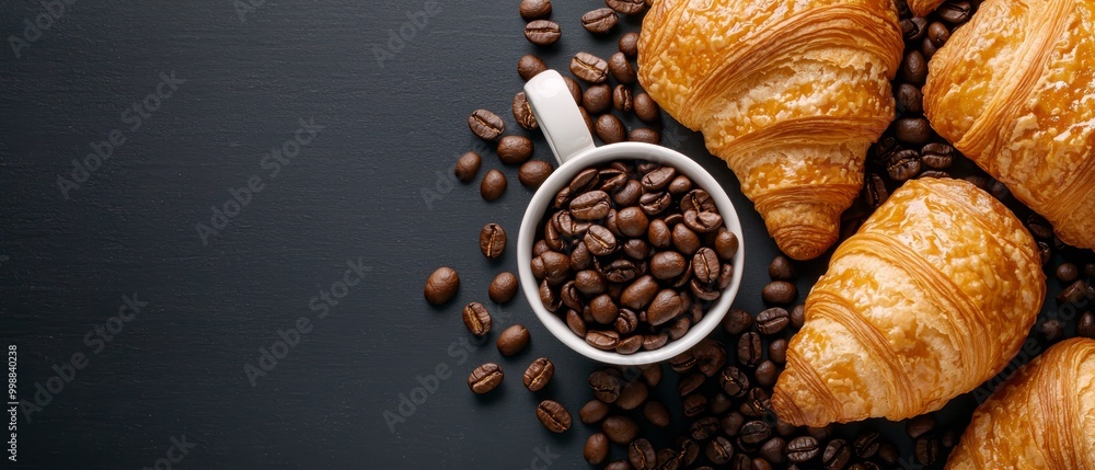 Croissants, coffee beans, and a cup of coffee rest on the table, surrounded by more croissants Croissants, coffee beans, and a cup of coffee rest on the table, surrounded by more croissants