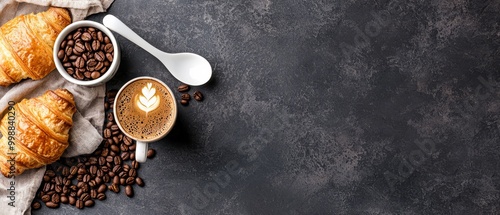  Two croissants, a cup of coffee, a spoon, and a sack of coffee beans rest on the table