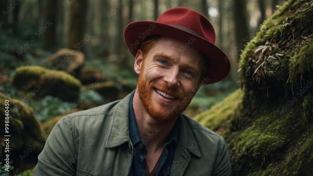 Middle-aged Caucasian man with red hair and beard, wearing red hat and green jacket, smiling in forest setting Middle-aged Caucasian man with red hair and beard, wearing red hat and green jacket, smiling in forest setting