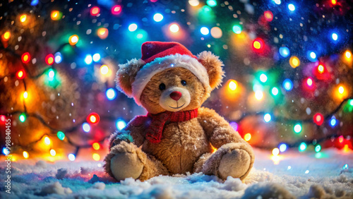 Wallpaper Mural A teddy bear in a Santa hat on a Christmas background with bright multi-colored lights. The atmosphere of the holiday. Torontodigital.ca