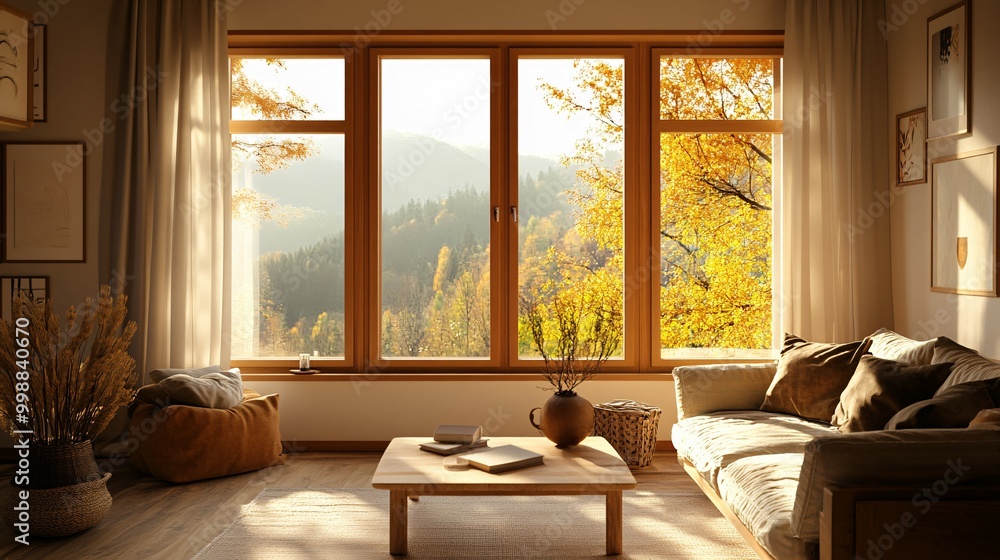 Cozy Living Room with Large Window Overlooking Autumnal Forest Cozy Living Room with Large Window Overlooking Autumnal Forest