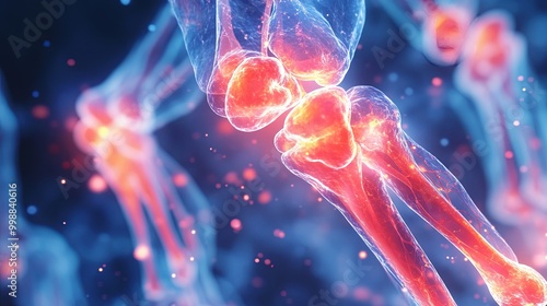 Detailed illustration of inflamed joints, highlighting the signs and symptoms of rheumatoid arthritis,  swelling and redness.