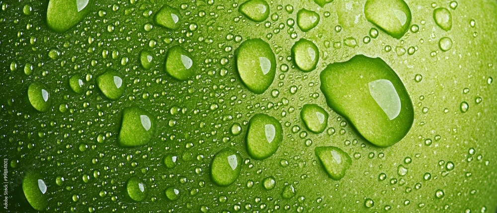 A close-up of a green apple, heavily dotted with water drops on its surface A close-up of a green apple, heavily dotted with water drops on its surface