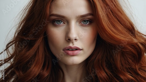 Portrait of young woman with red hair and light eyes in soft lighting