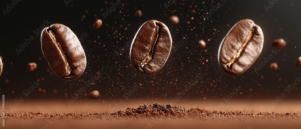 Three coffee beans in mid-air, soaring above a mound of beans on a table Three coffee beans in mid-air, soaring above a mound of beans on a table